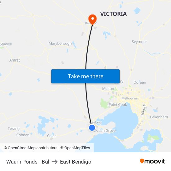 Waurn Ponds - Bal to East Bendigo map