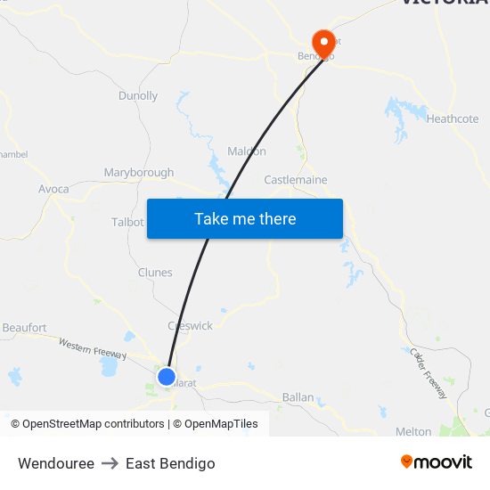 Wendouree to East Bendigo map