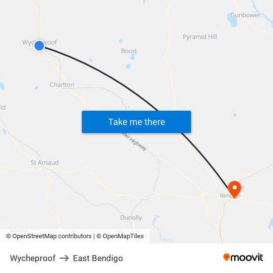 Wycheproof to East Bendigo map