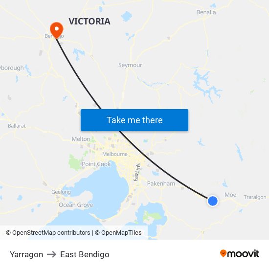 Yarragon to East Bendigo map