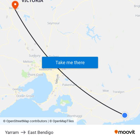 Yarram to East Bendigo map