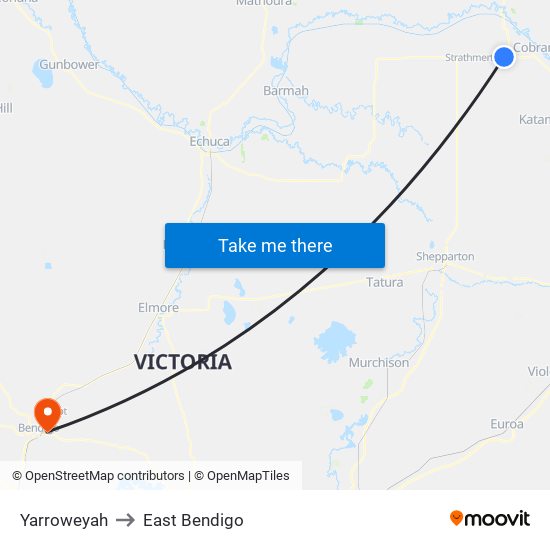 Yarroweyah to East Bendigo map