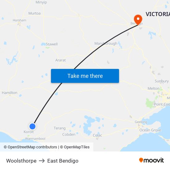 Woolsthorpe to East Bendigo map