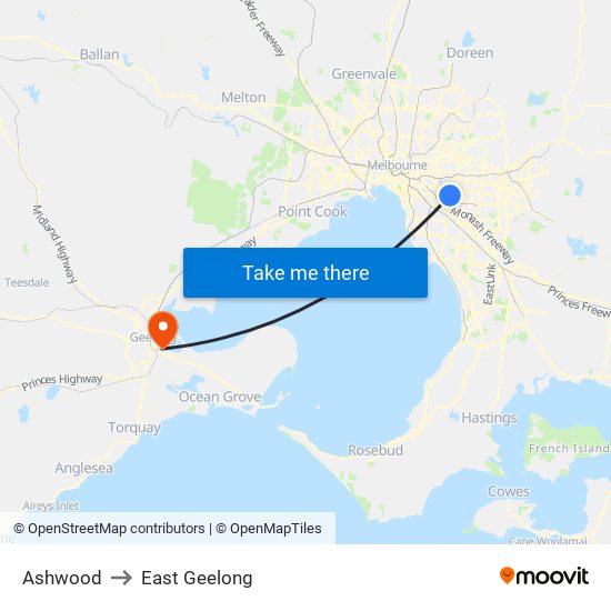 Ashwood to East Geelong map