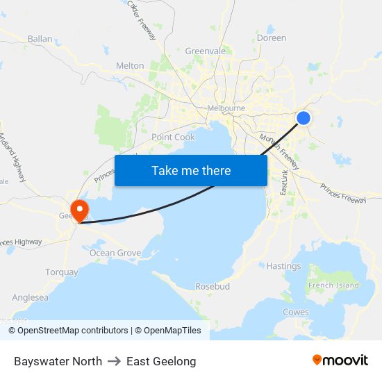 Bayswater North to East Geelong map