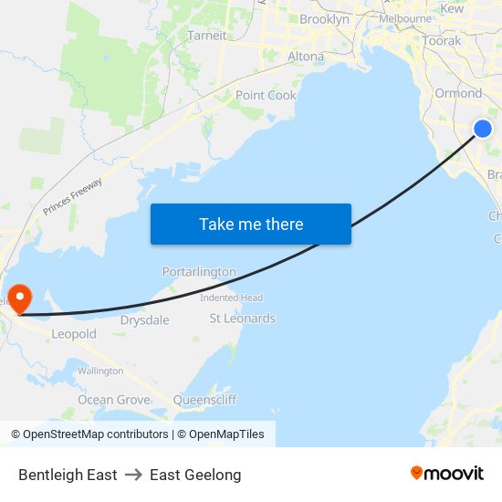 Bentleigh East to East Geelong map