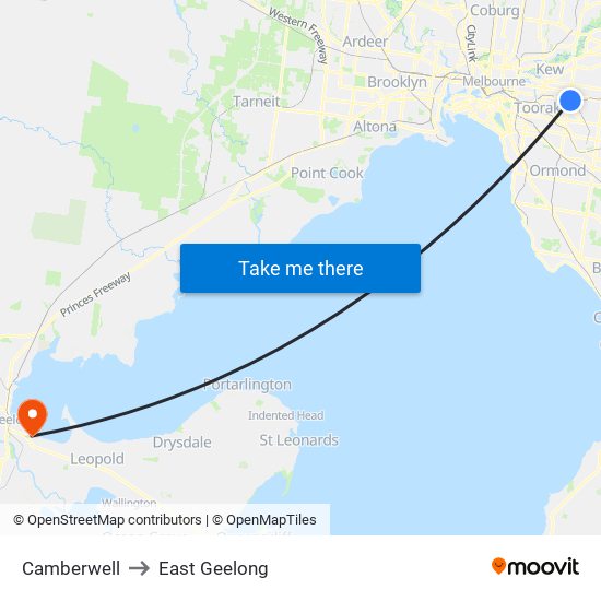 Camberwell to East Geelong map