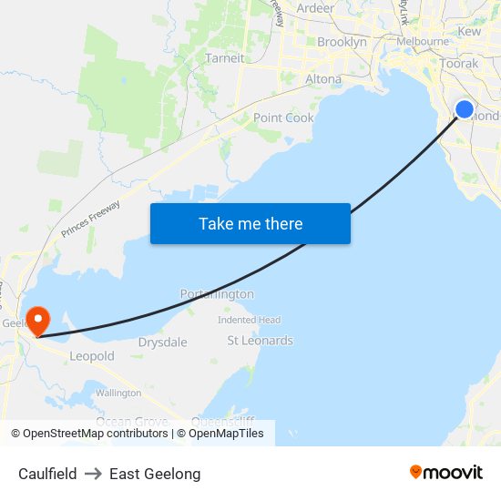 Caulfield to East Geelong map