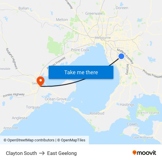 Clayton South to East Geelong map