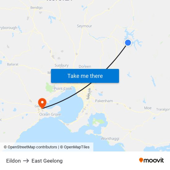 Eildon to East Geelong map