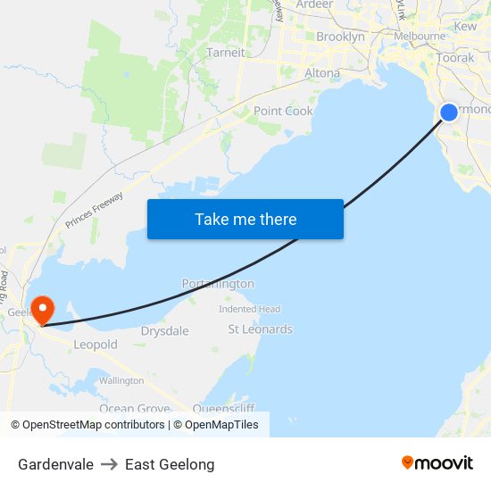 Gardenvale to East Geelong map