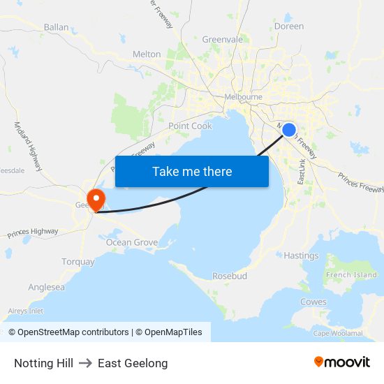 Notting Hill to East Geelong map