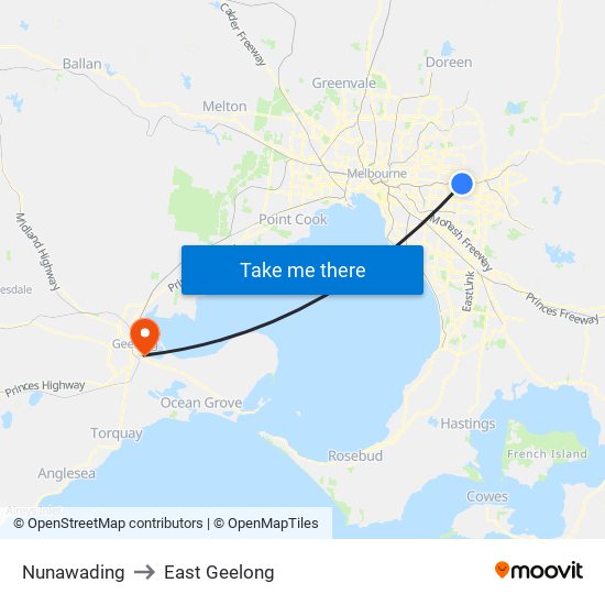 Nunawading to East Geelong map