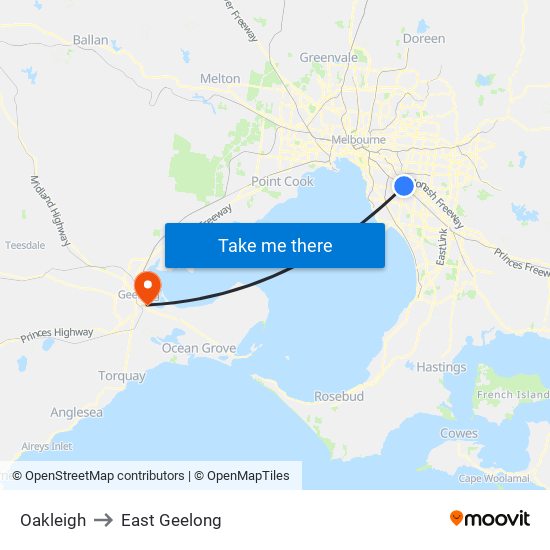 Oakleigh to East Geelong map