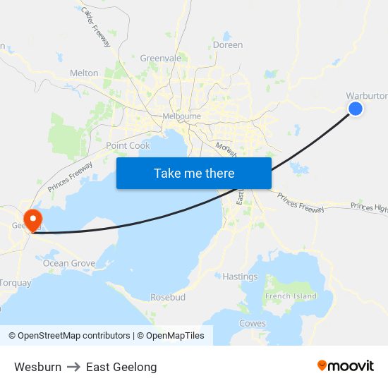 Wesburn to East Geelong map