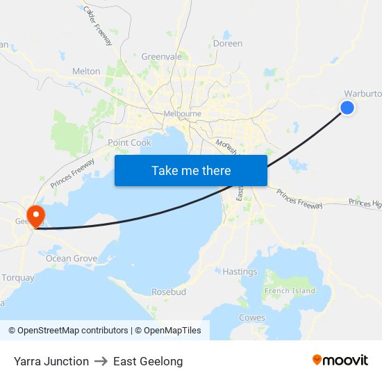 Yarra Junction to East Geelong map