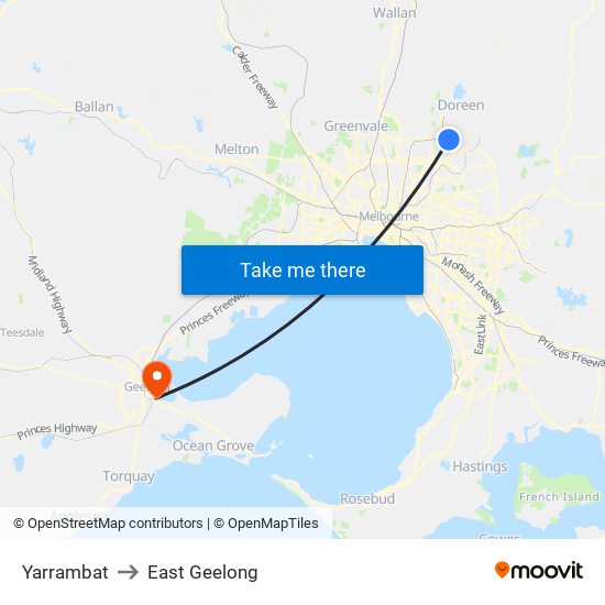 Yarrambat to East Geelong map