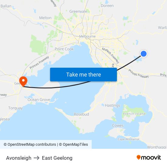 Avonsleigh to East Geelong map