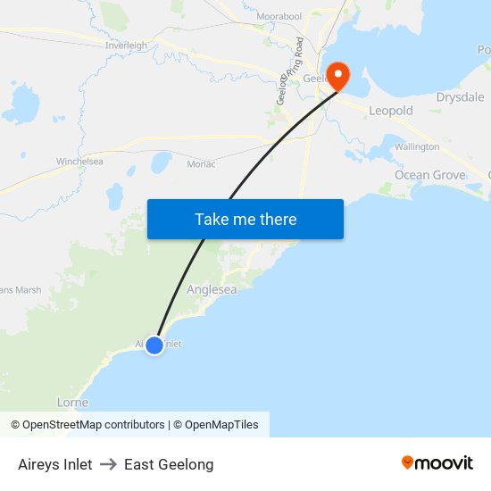 Aireys Inlet to East Geelong map