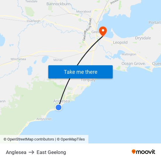 Anglesea to East Geelong map