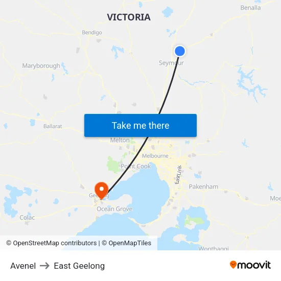 Avenel to East Geelong map