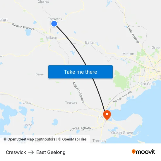 Creswick to East Geelong map