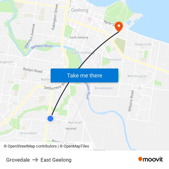 Grovedale to East Geelong map