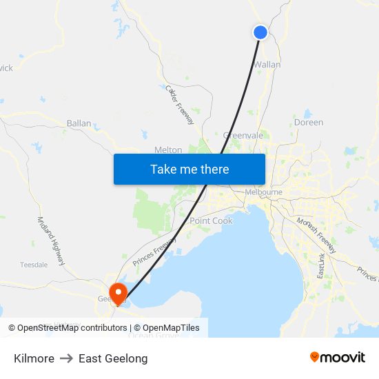 Kilmore to East Geelong map