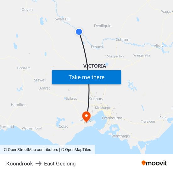 Koondrook to East Geelong map