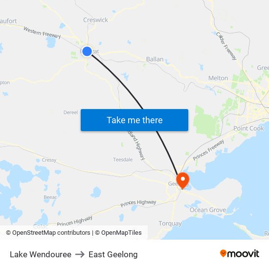 Lake Wendouree to East Geelong map