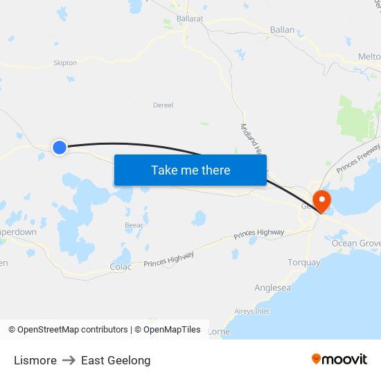 Lismore to East Geelong map