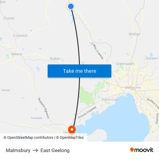 Malmsbury to East Geelong map