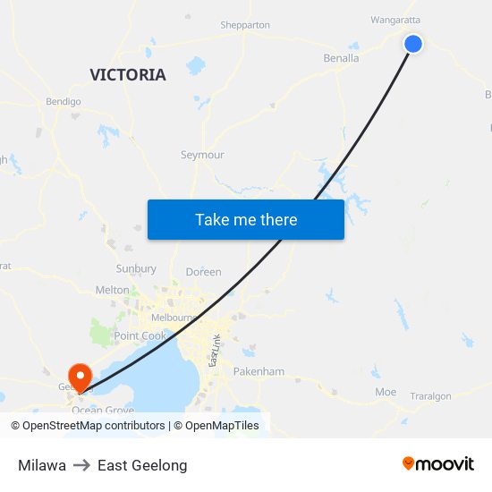 Milawa to East Geelong map