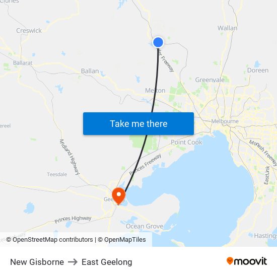 New Gisborne to East Geelong map