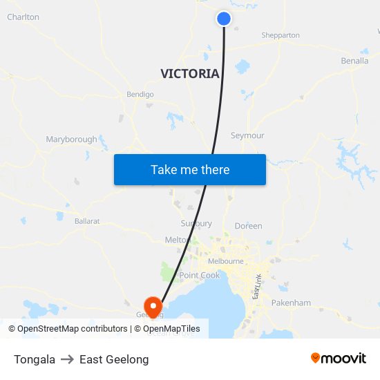 Tongala to East Geelong map