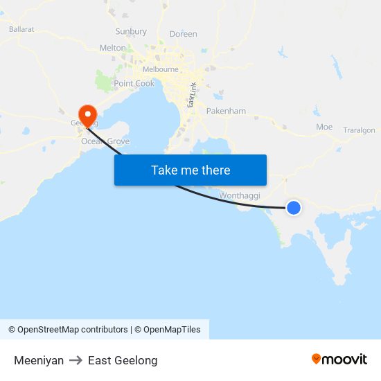 Meeniyan to East Geelong map