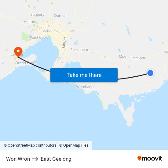 Won Wron to East Geelong map