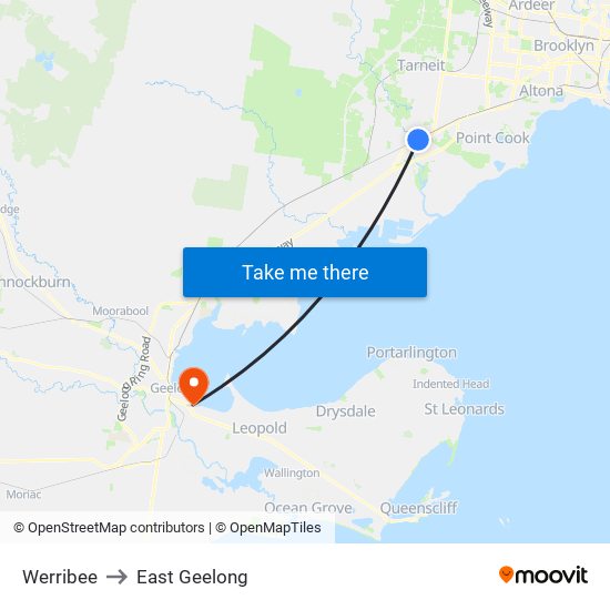 Werribee to East Geelong map