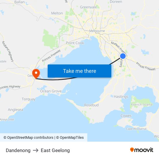 Dandenong to East Geelong map