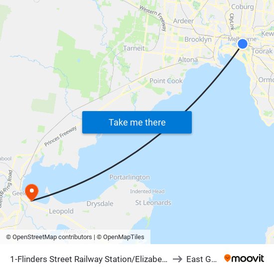 1-Flinders Street Railway Station/Elizabeth St (Melbourne City) to East Geelong map