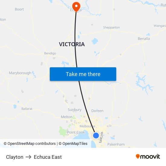 Clayton to Echuca East map