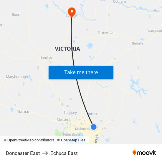 Doncaster East to Echuca East map