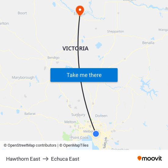 Hawthorn East to Echuca East map