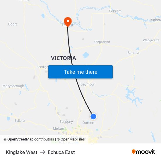 Kinglake West to Echuca East map