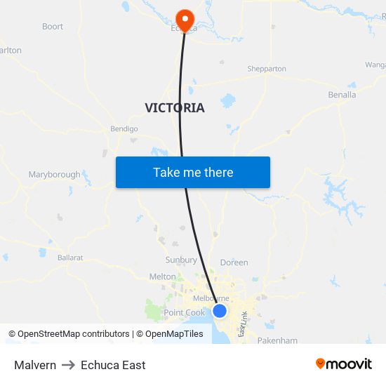 Malvern to Echuca East map