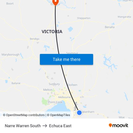 Narre Warren South to Echuca East map