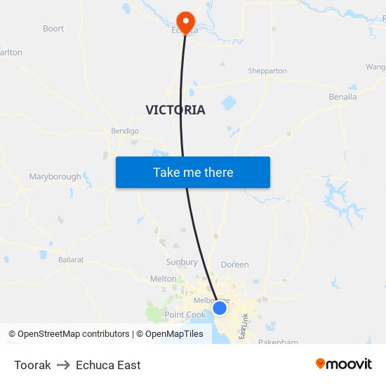 Toorak to Echuca East map