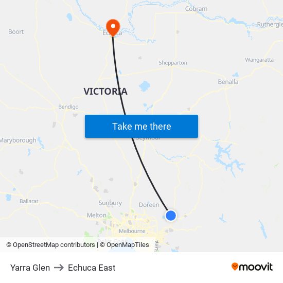 Yarra Glen to Echuca East map