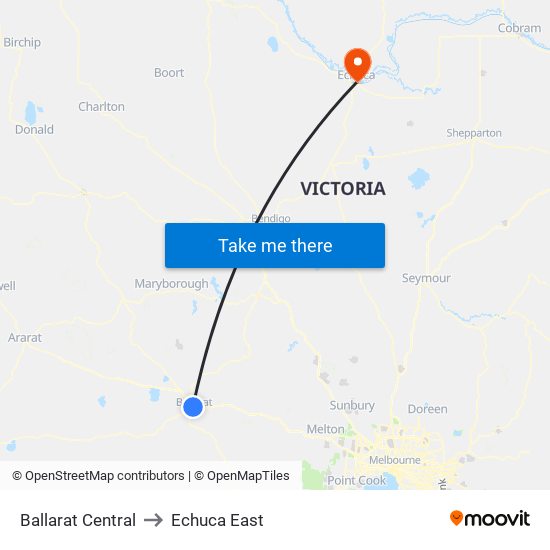 Ballarat Central to Echuca East map