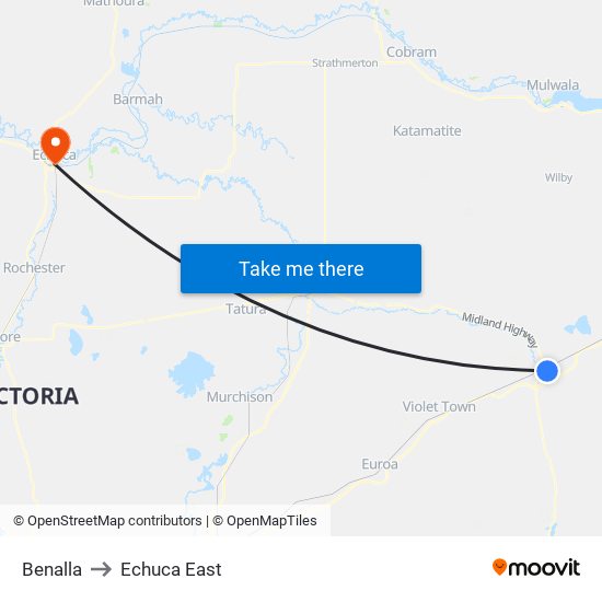 Benalla to Echuca East map